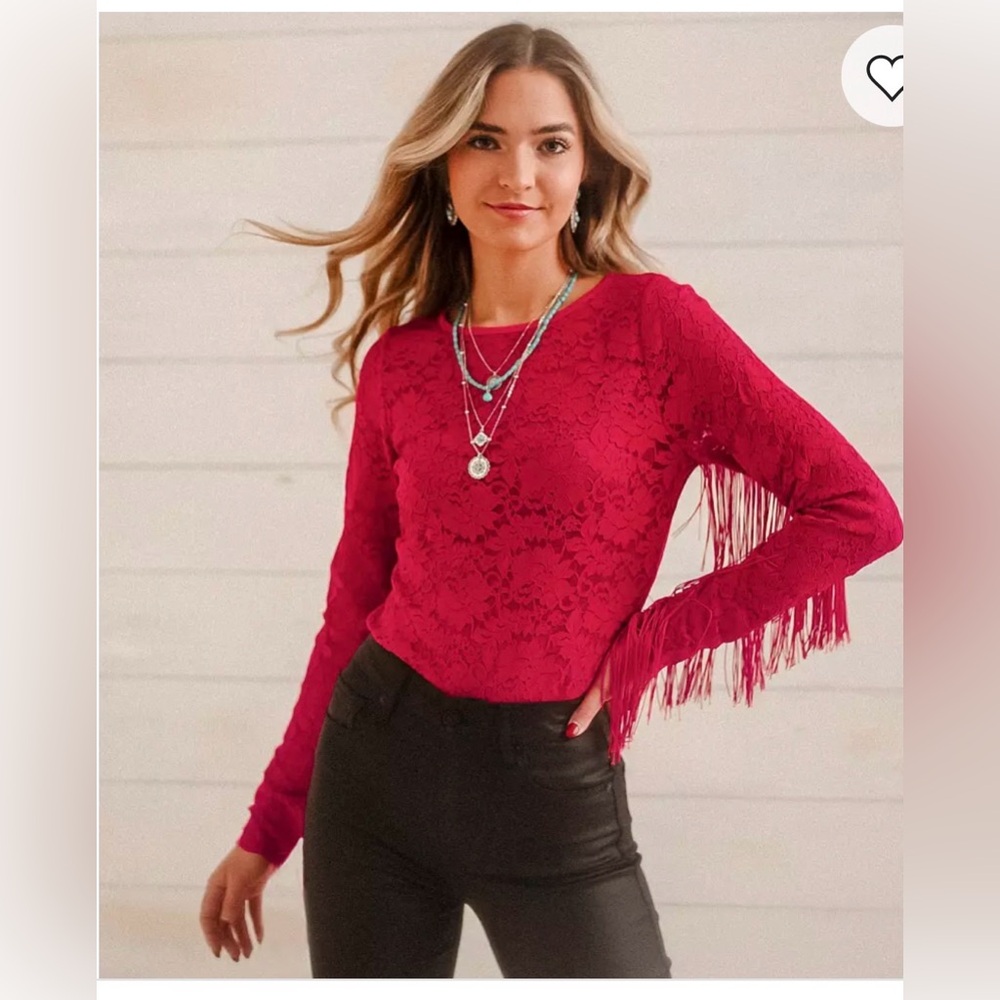 Sterling & Stitch Western fringe Red Lace Bodysuit